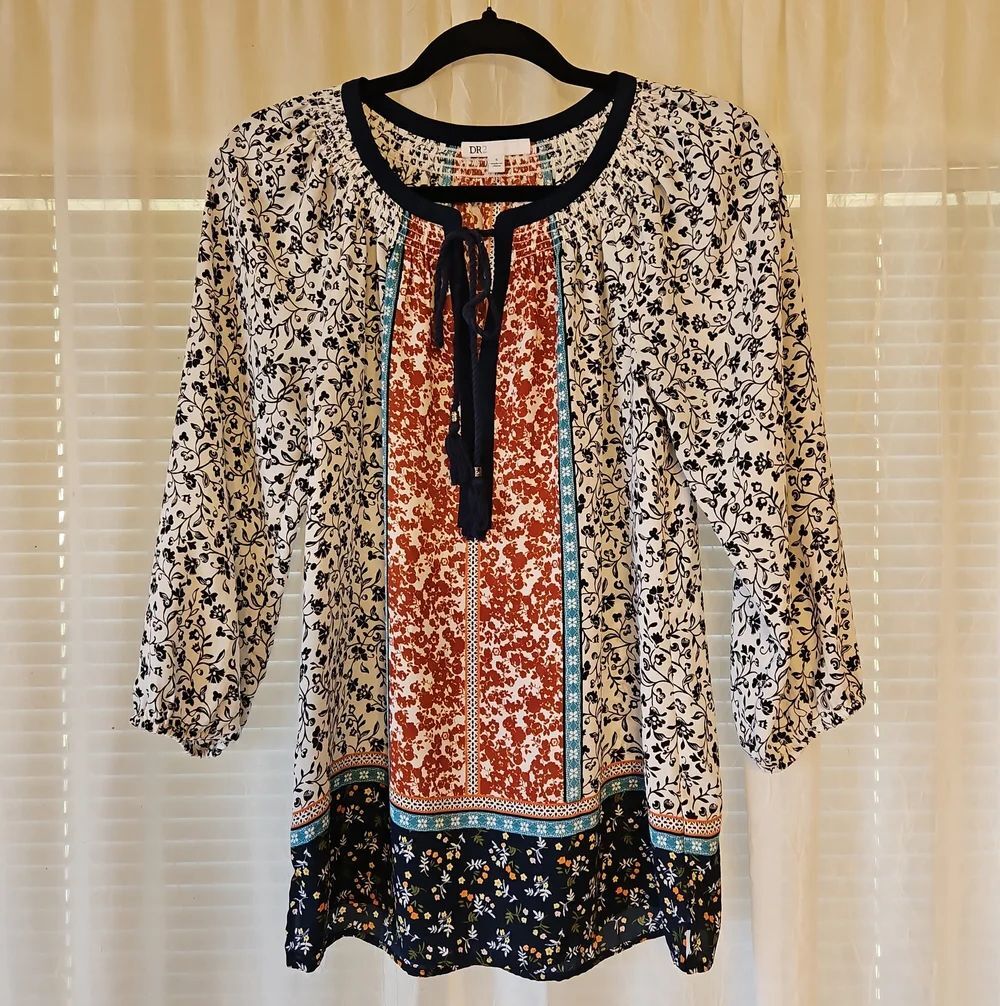 DR2 White, Rust & Navy Mixed-Print Peasant Tunic